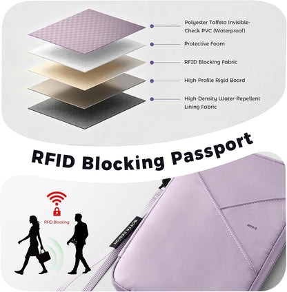 Passport Holder for Travel Women, Family Passport Bag, Travel Document Organizer Case, RFID Blocking Protector Book Wallet for Men, Waterproof Cover Essentials for Credit Cards (Purple, M)