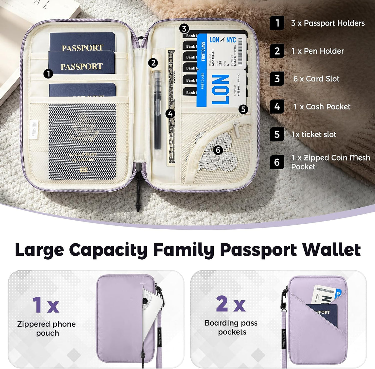 Passport Holder for Travel Women, Family Passport Bag, Travel Document Organizer Case, RFID Blocking Protector Book Wallet for Men, Waterproof Cover Essentials for Credit Cards (Purple, M)