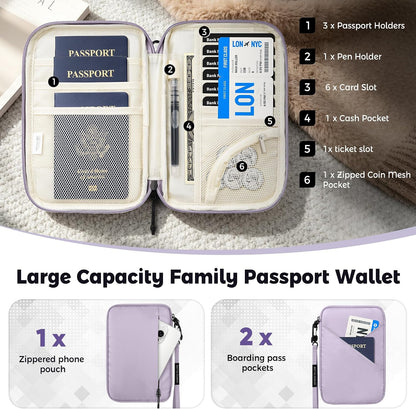 Passport Holder for Travel Women, Family Passport Bag, Travel Document Organizer Case, RFID Blocking Protector Book Wallet for Men, Waterproof Cover Essentials for Credit Cards (Purple, M)