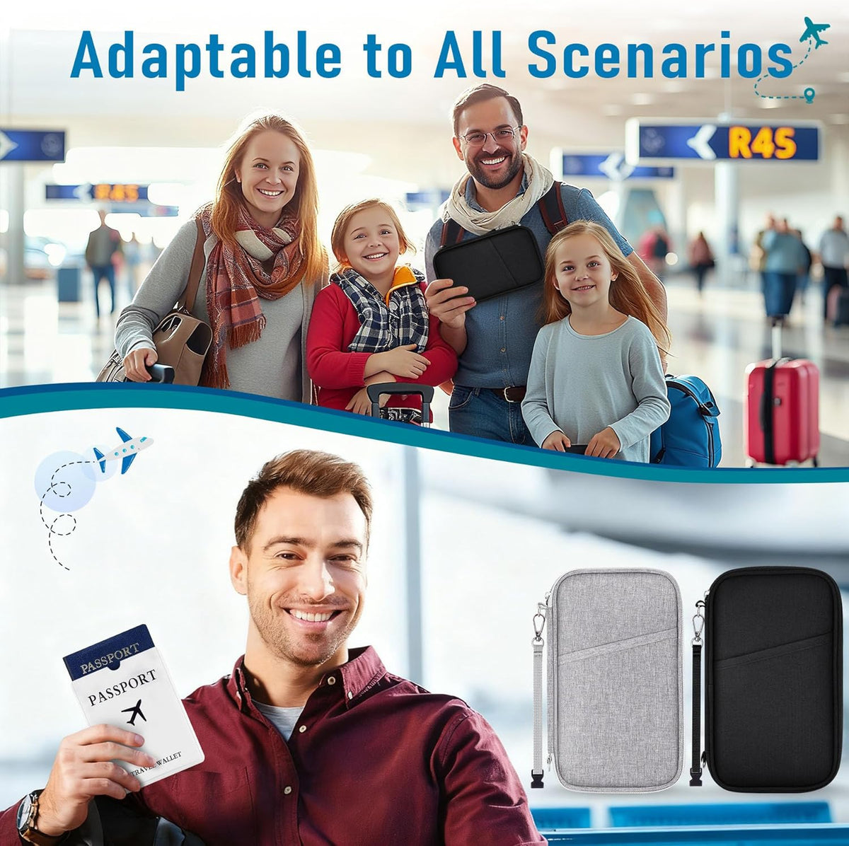 Family Passport Holder for Travel, RFID Blocking Travel Document Organizer with Flexible Carrying Style, Portable Passport Wallet and Essentials for Trip (Grey)