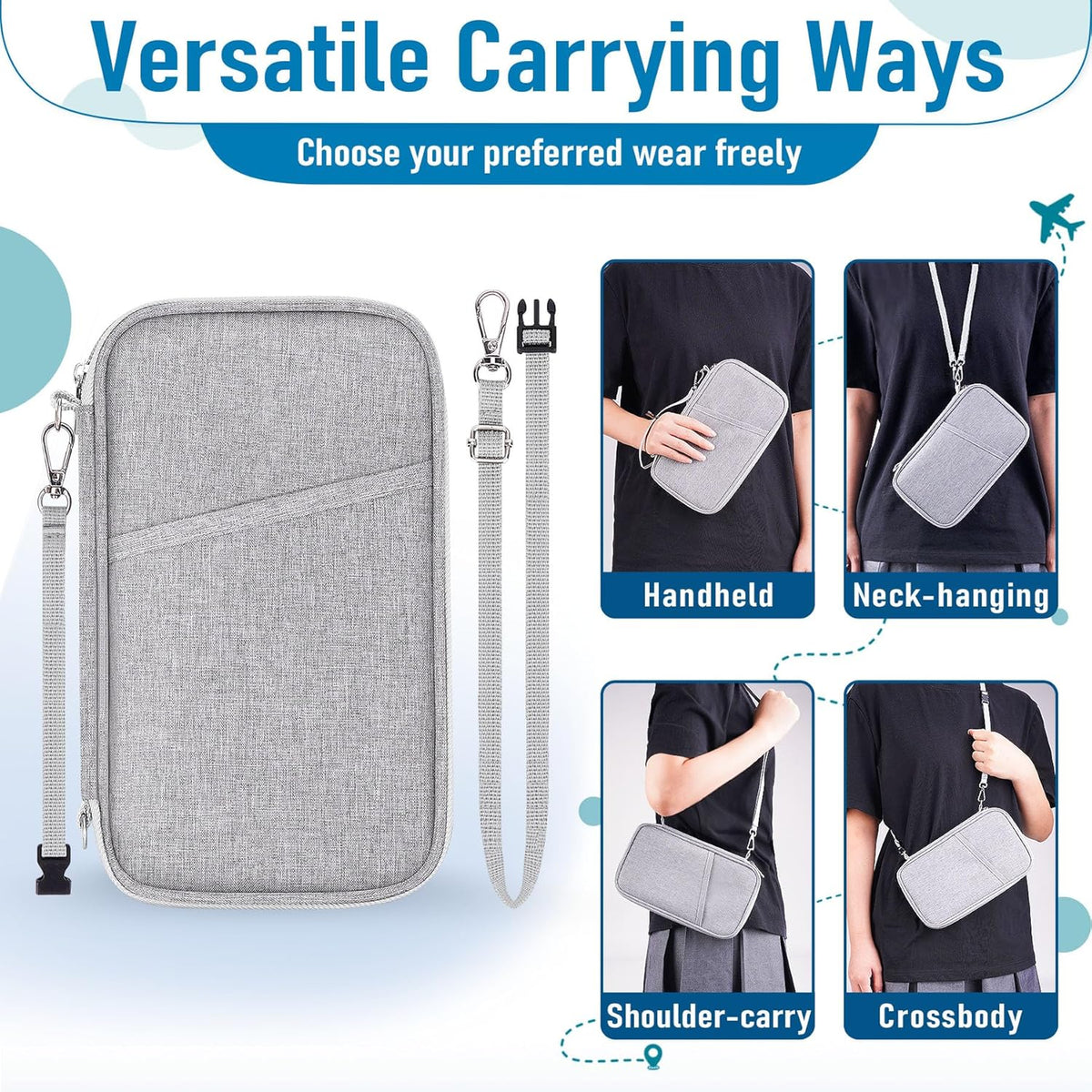 Family Passport Holder for Travel, RFID Blocking Travel Document Organizer with Flexible Carrying Style, Portable Passport Wallet and Essentials for Trip (Grey)
