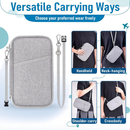 Family Passport Holder for Travel, RFID Blocking Travel Document Organizer with Flexible Carrying Style, Portable Passport Wallet and Essentials for Trip (Grey)