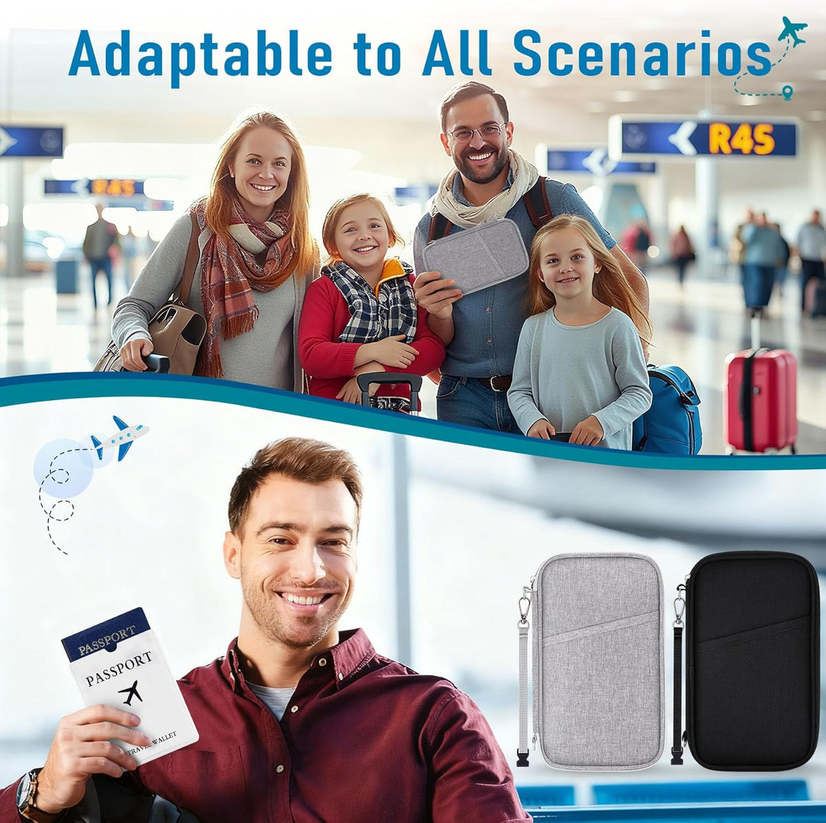 Family Passport Holder for Travel, RFID Blocking Travel Document Organizer with Flexible Carrying Style, Portable Passport Wallet and Essentials for Trip (Grey)