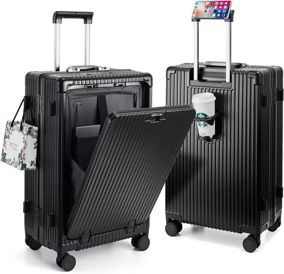 Front Pocket Carry On Luggage,Aluminum Frame PC Hardside Spinner Wheel Suitcase with TSA Lock,Cup Holder,Phone Holder&USB Charging Port,Black(1 Piece)
