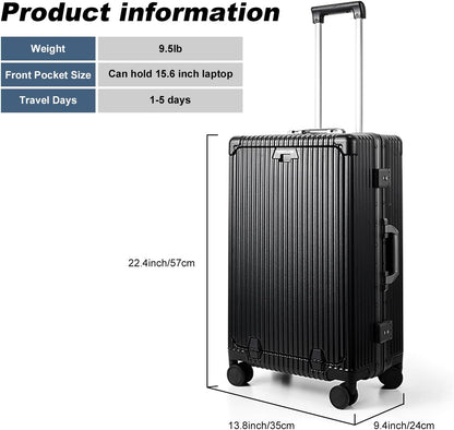 Front Pocket Carry On Luggage,Aluminum Frame PC Hardside Spinner Wheel Suitcase with TSA Lock,Cup Holder,Phone Holder&USB Charging Port,Black(1 Piece)