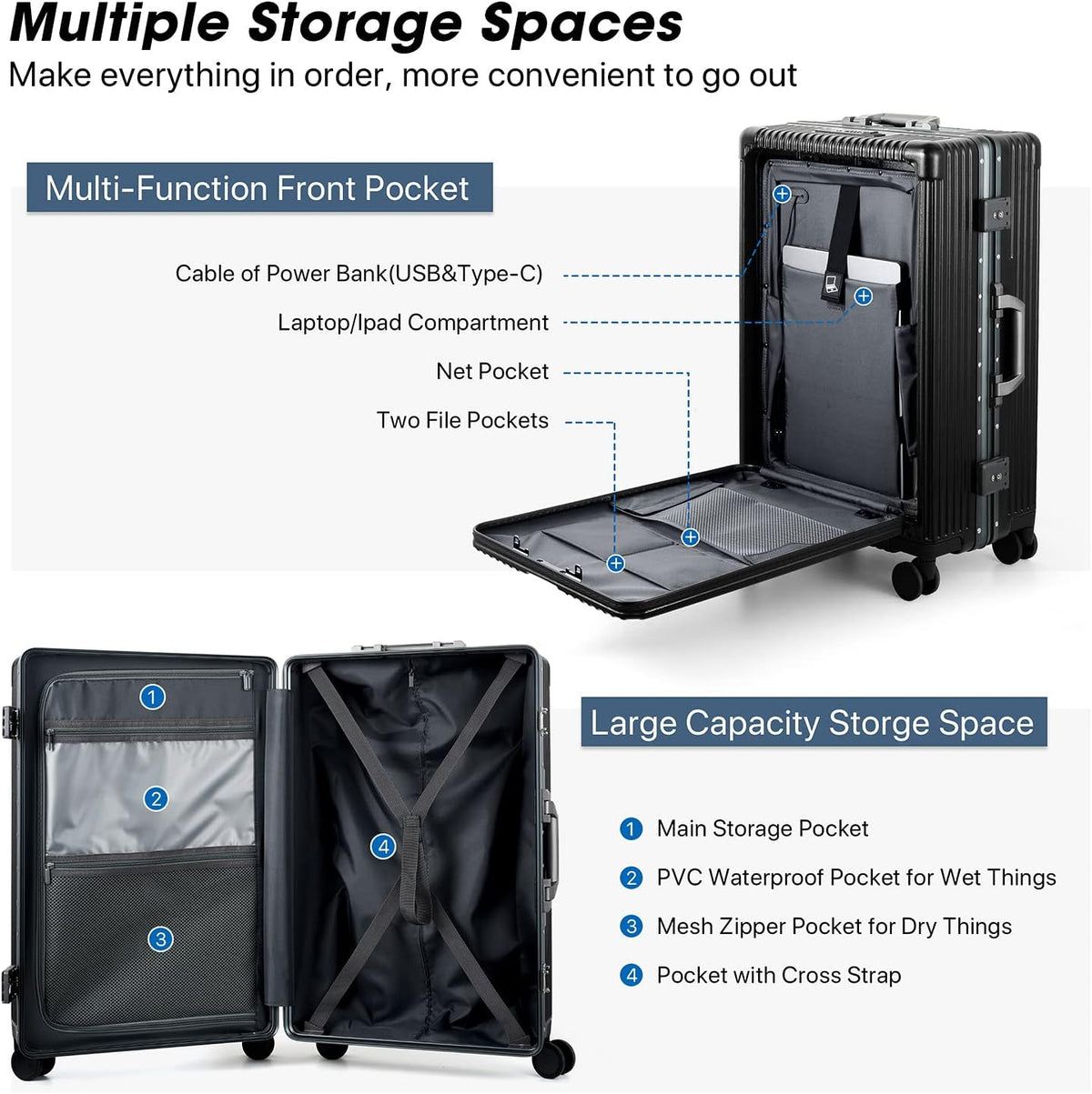 Front Pocket Carry On Luggage,Aluminum Frame PC Hardside Spinner Wheel Suitcase with TSA Lock,Cup Holder,Phone Holder&USB Charging Port,Black(1 Piece)
