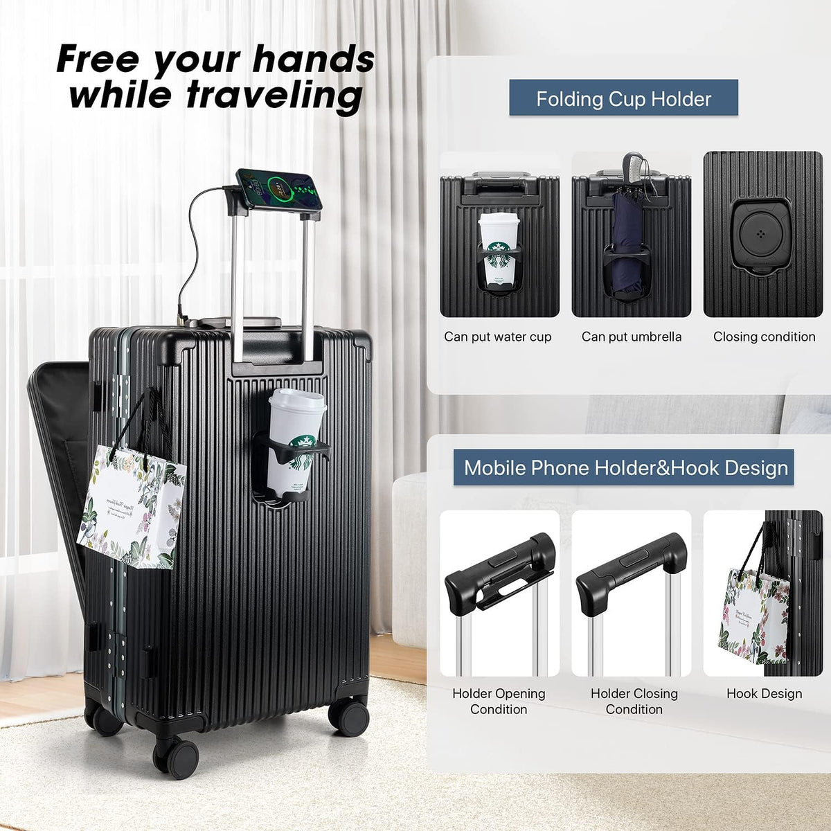 Front Pocket Carry On Luggage,Aluminum Frame PC Hardside Spinner Wheel Suitcase with TSA Lock,Cup Holder,Phone Holder&USB Charging Port,Black(1 Piece)
