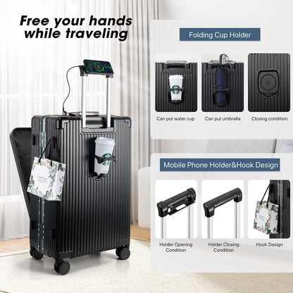 Front Pocket Carry On Luggage,Aluminum Frame PC Hardside Spinner Wheel Suitcase with TSA Lock,Cup Holder,Phone Holder&USB Charging Port,Black(1 Piece)