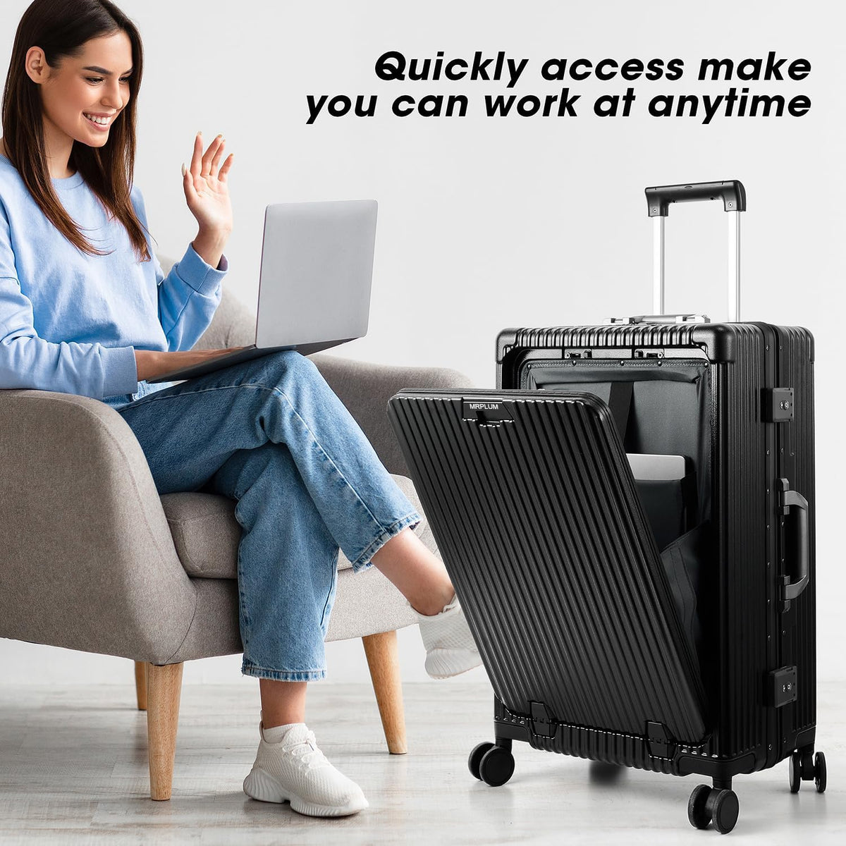 Front Pocket Carry On Luggage,Aluminum Frame PC Hardside Spinner Wheel Suitcase with TSA Lock,Cup Holder,Phone Holder&USB Charging Port,Black(1 Piece)