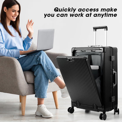 Front Pocket Carry On Luggage,Aluminum Frame PC Hardside Spinner Wheel Suitcase with TSA Lock,Cup Holder,Phone Holder&USB Charging Port,Black(1 Piece)