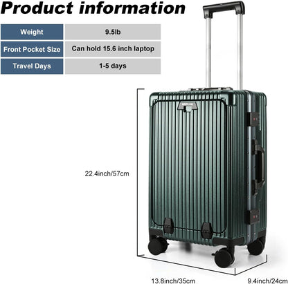 Front Pocket Carry On Luggage,Aluminum Frame PC Hardside Spinner Wheel Suitcase with TSA Lock,Cup Holder,Phone Holder&USB Charging Port,Black(1 Piece)