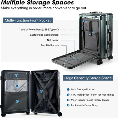 Front Pocket Carry On Luggage,Aluminum Frame PC Hardside Spinner Wheel Suitcase with TSA Lock,Cup Holder,Phone Holder&USB Charging Port,Black(1 Piece)