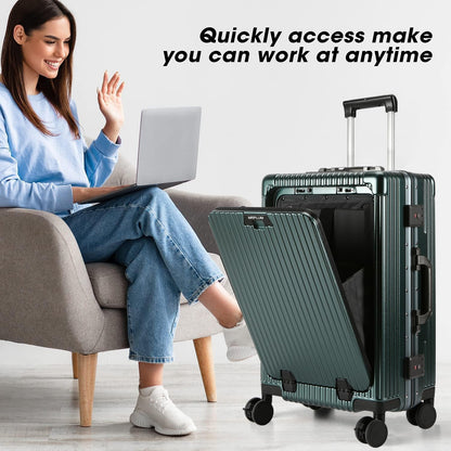 Front Pocket Carry On Luggage,Aluminum Frame PC Hardside Spinner Wheel Suitcase with TSA Lock,Cup Holder,Phone Holder&USB Charging Port,Black(1 Piece)