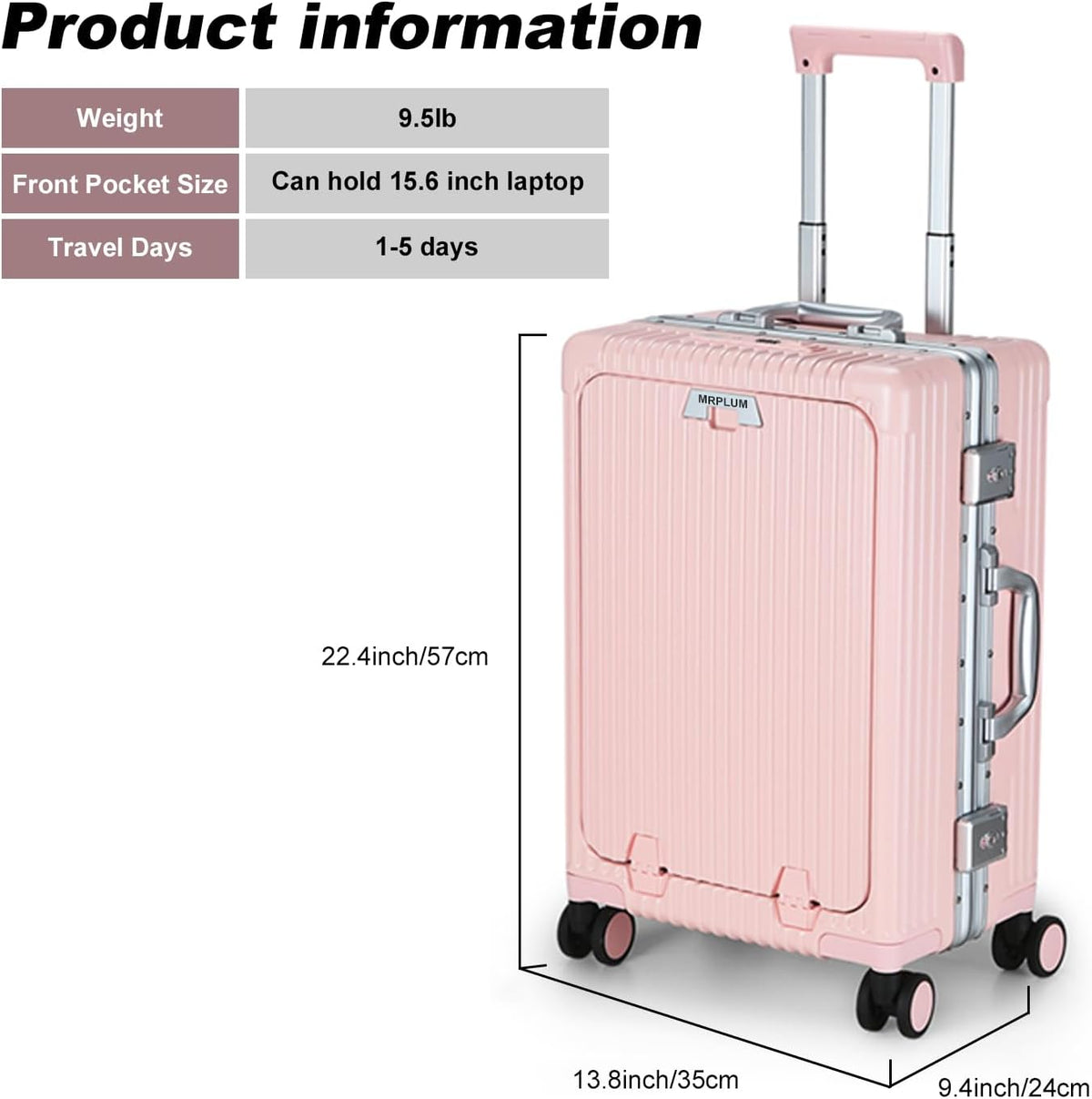 Front Pocket Carry On Luggage,Aluminum Frame PC Hardside Spinner Wheel Suitcase with TSA Lock,Cup Holder,Phone Holder&USB Charging Port,Black(1 Piece)