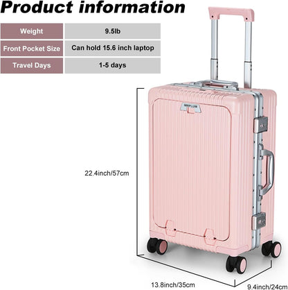 Front Pocket Carry On Luggage,Aluminum Frame PC Hardside Spinner Wheel Suitcase with TSA Lock,Cup Holder,Phone Holder&USB Charging Port,Black(1 Piece)