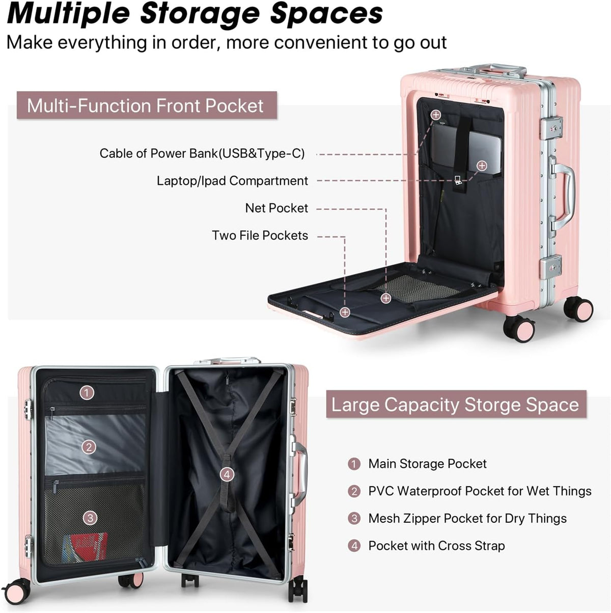 Front Pocket Carry On Luggage,Aluminum Frame PC Hardside Spinner Wheel Suitcase with TSA Lock,Cup Holder,Phone Holder&USB Charging Port,Black(1 Piece)