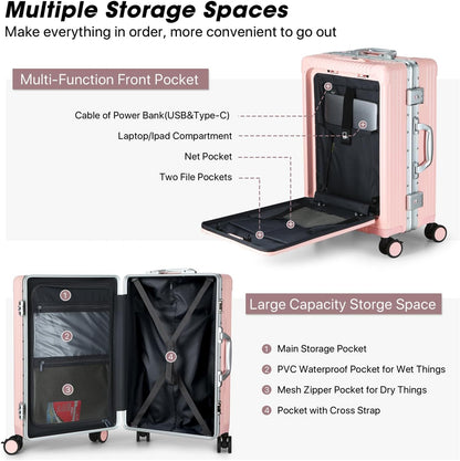 Front Pocket Carry On Luggage,Aluminum Frame PC Hardside Spinner Wheel Suitcase with TSA Lock,Cup Holder,Phone Holder&USB Charging Port,Black(1 Piece)