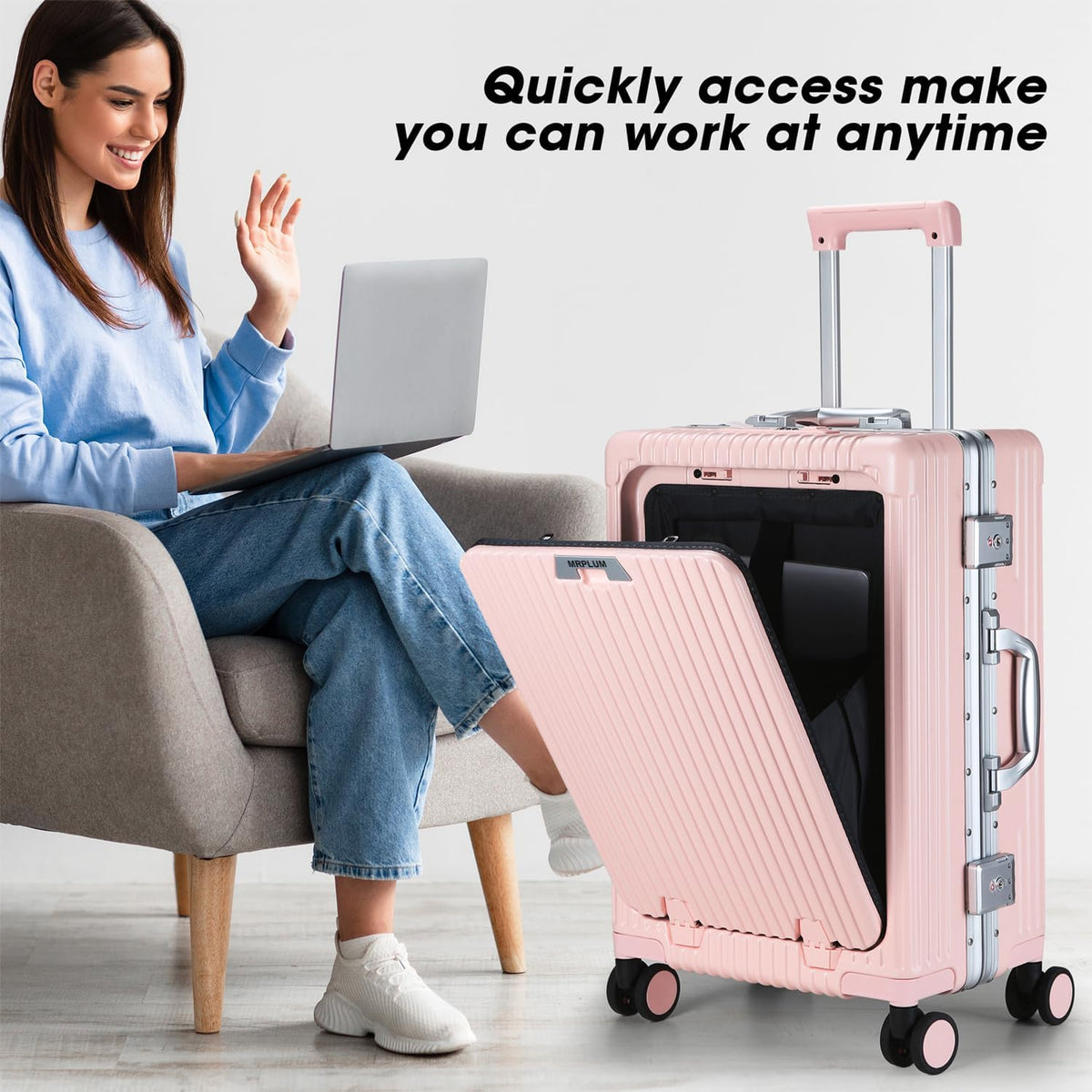 Front Pocket Carry On Luggage,Aluminum Frame PC Hardside Spinner Wheel Suitcase with TSA Lock,Cup Holder,Phone Holder&USB Charging Port,Black(1 Piece)