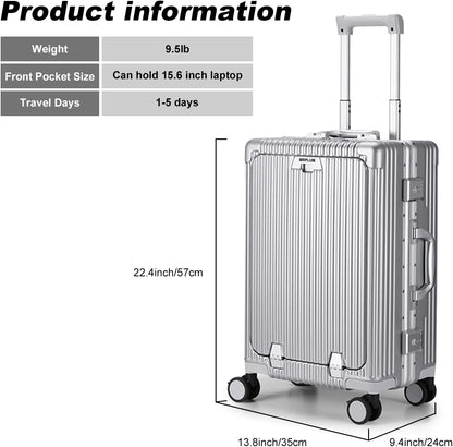 Front Pocket Carry On Luggage,Aluminum Frame PC Hardside Spinner Wheel Suitcase with TSA Lock,Cup Holder,Phone Holder&USB Charging Port,Black(1 Piece)