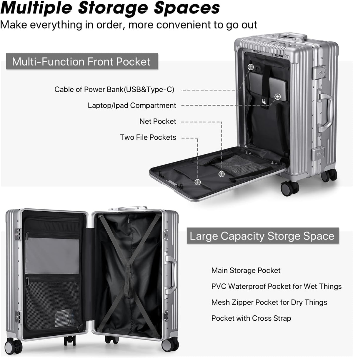 Front Pocket Carry On Luggage,Aluminum Frame PC Hardside Spinner Wheel Suitcase with TSA Lock,Cup Holder,Phone Holder&USB Charging Port,Black(1 Piece)