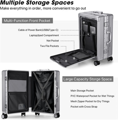 Front Pocket Carry On Luggage,Aluminum Frame PC Hardside Spinner Wheel Suitcase with TSA Lock,Cup Holder,Phone Holder&USB Charging Port,Black(1 Piece)