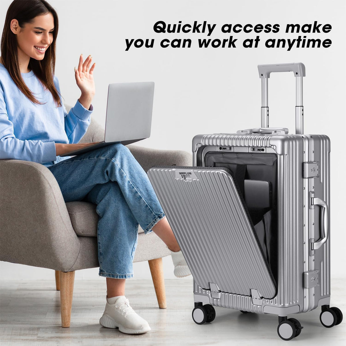 Front Pocket Carry On Luggage,Aluminum Frame PC Hardside Spinner Wheel Suitcase with TSA Lock,Cup Holder,Phone Holder&USB Charging Port,Black(1 Piece)