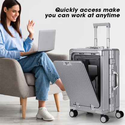 Front Pocket Carry On Luggage,Aluminum Frame PC Hardside Spinner Wheel Suitcase with TSA Lock,Cup Holder,Phone Holder&USB Charging Port,Black(1 Piece)