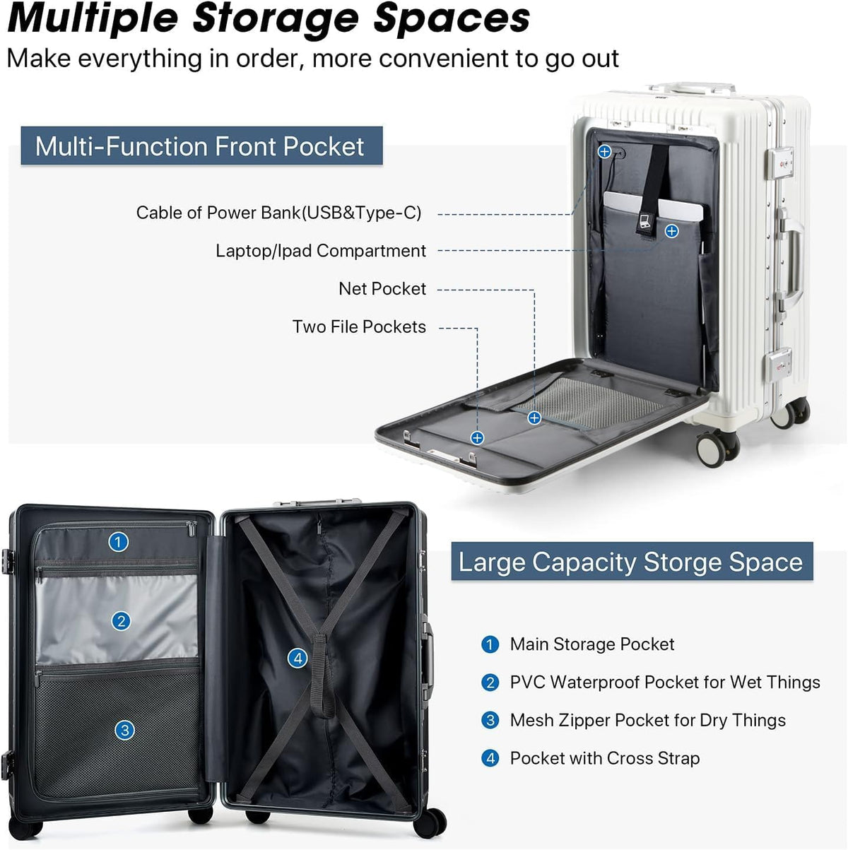 Front Pocket Carry On Luggage,Aluminum Frame PC Hardside Spinner Wheel Suitcase with TSA Lock,Cup Holder,Phone Holder&USB Charging Port,Black(1 Piece)