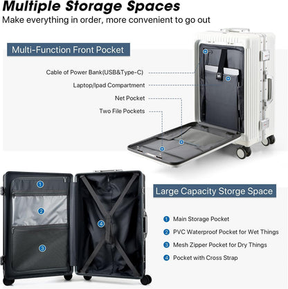 Front Pocket Carry On Luggage,Aluminum Frame PC Hardside Spinner Wheel Suitcase with TSA Lock,Cup Holder,Phone Holder&USB Charging Port,Black(1 Piece)