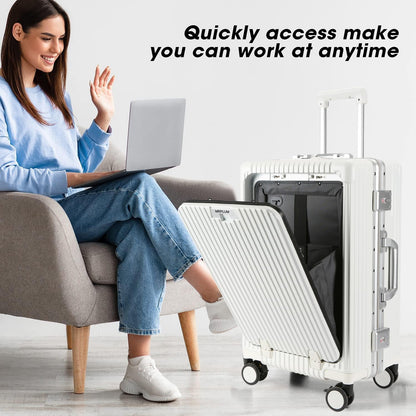Front Pocket Carry On Luggage,Aluminum Frame PC Hardside Spinner Wheel Suitcase with TSA Lock,Cup Holder,Phone Holder&USB Charging Port,Black(1 Piece)