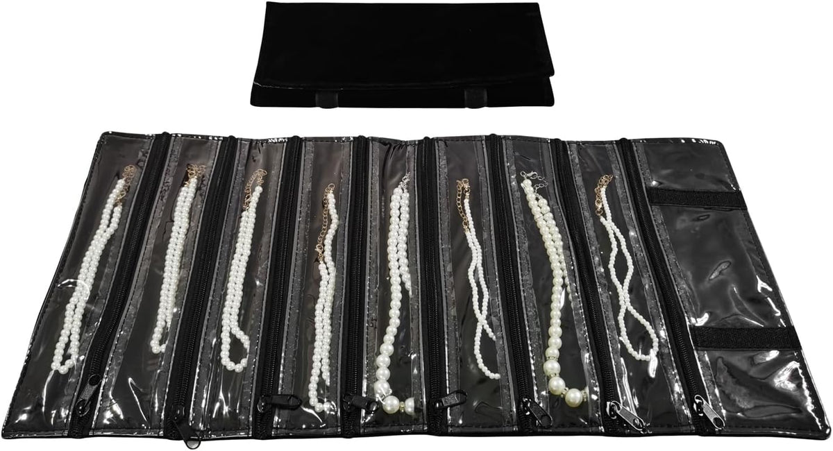 Travel Jewelry Roll Bag Portable Organizer Pouch With Grids&PVC Cover Storage Bags for Necklace, Bracelet, Bracelet,Ring, Badge, Pendant
