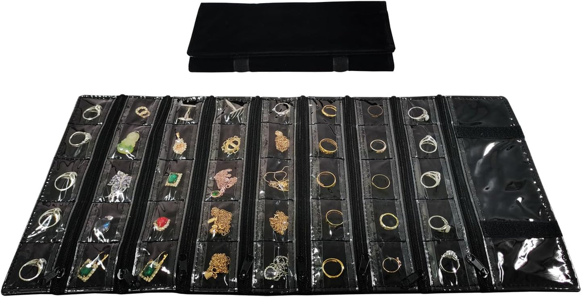 Travel Jewelry Roll Bag Portable Organizer Pouch With Grids&PVC Cover Storage Bags for Necklace, Bracelet, Bracelet,Ring, Badge, Pendant