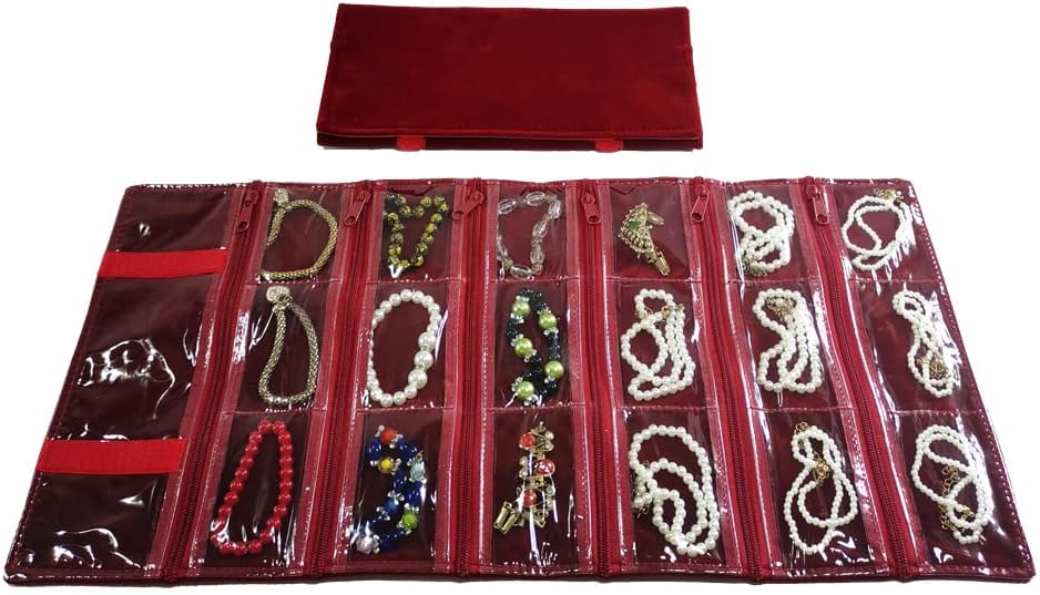 Travel Jewelry Roll Bag Portable Organizer Pouch With Grids&PVC Cover Storage Bags for Necklace, Bracelet, Bracelet,Ring, Badge, Pendant