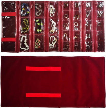 Travel Jewelry Roll Bag Portable Organizer Pouch With Grids&PVC Cover Storage Bags for Necklace, Bracelet, Bracelet,Ring, Badge, Pendant