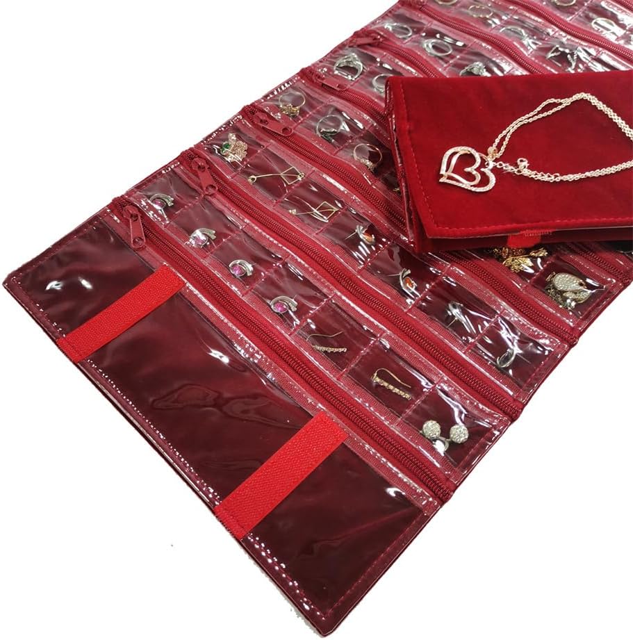 Travel Jewelry Roll Bag Portable Organizer Pouch With Grids&PVC Cover Storage Bags for Necklace, Bracelet, Bracelet,Ring, Badge, Pendant