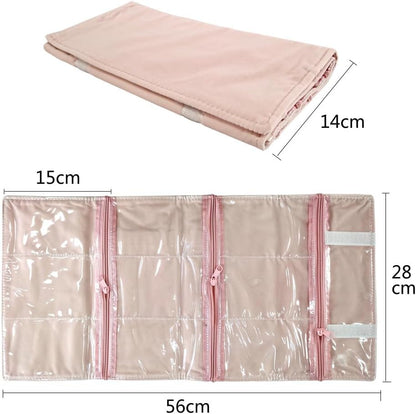 Travel Jewelry Roll Bag Portable Organizer Pouch With Grids&PVC Cover Storage Bags for Necklace, Bracelet, Bracelet,Ring, Badge, Pendant