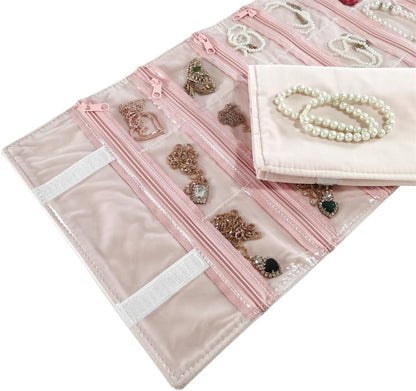 Travel Jewelry Roll Bag Portable Organizer Pouch With Grids&PVC Cover Storage Bags for Necklace, Bracelet, Bracelet,Ring, Badge, Pendant
