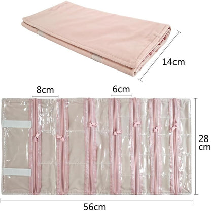 Travel Jewelry Roll Bag Portable Organizer Pouch With Grids&PVC Cover Storage Bags for Necklace, Bracelet, Bracelet,Ring, Badge, Pendant