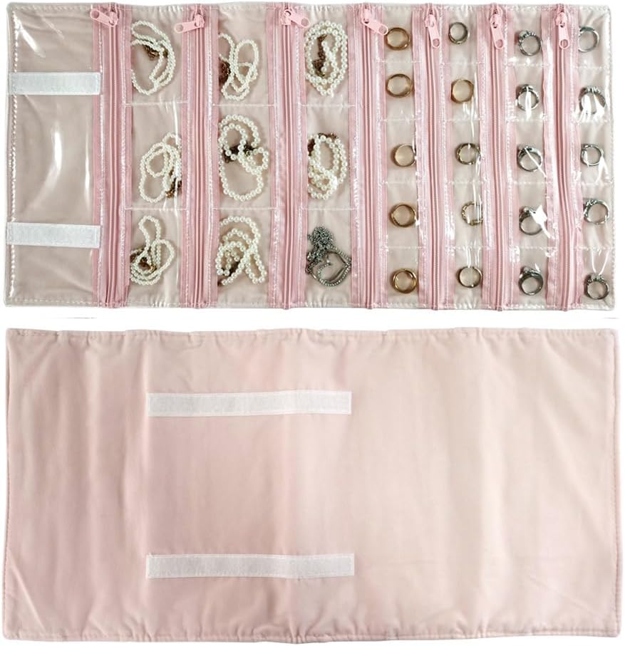 Travel Jewelry Roll Bag Portable Organizer Pouch With Grids&PVC Cover Storage Bags for Necklace, Bracelet, Bracelet,Ring, Badge, Pendant