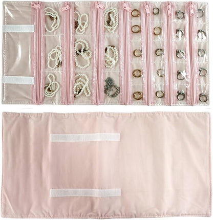 Travel Jewelry Roll Bag Portable Organizer Pouch With Grids&PVC Cover Storage Bags for Necklace, Bracelet, Bracelet,Ring, Badge, Pendant
