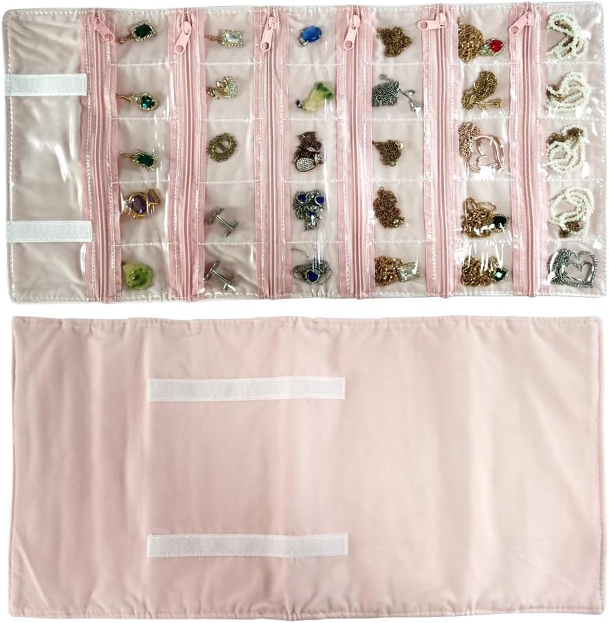 Travel Jewelry Roll Bag Portable Organizer Pouch With Grids&PVC Cover Storage Bags for Necklace, Bracelet, Bracelet,Ring, Badge, Pendant