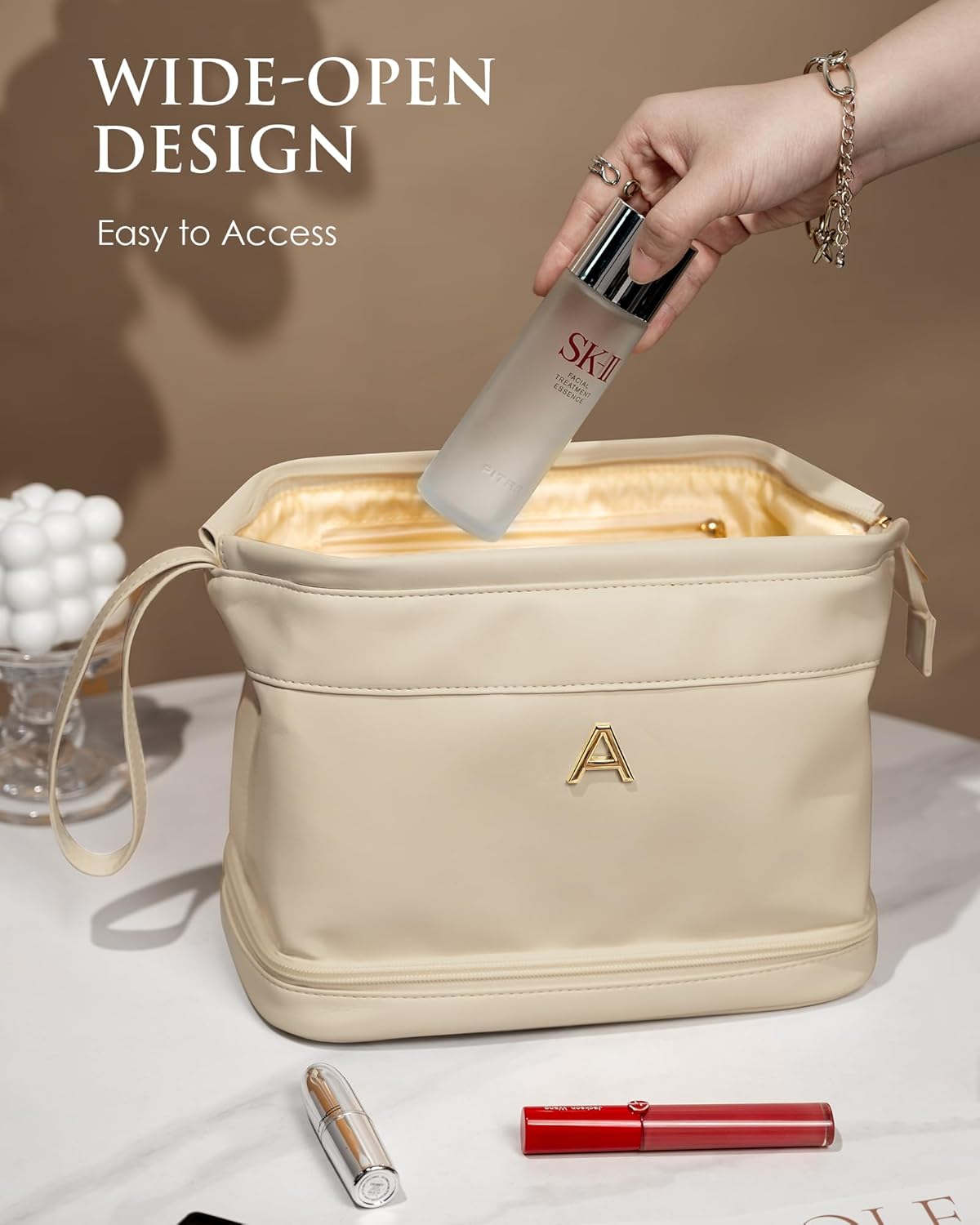 Cute Female Gift, Personalized Makeup Bag, Monogrammed Gifts, Initial Double Layer Cosmetic Bag with Makeup Brush Organizer, Travel Toiletry Bag, Gifts for Friends Female Mom, Teen Girl Gifts
