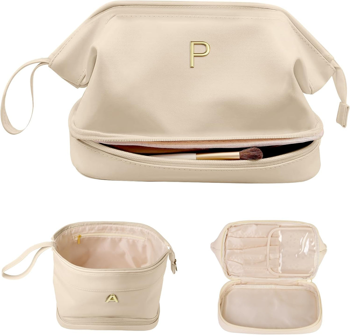 Cute Female Gift, Personalized Makeup Bag, Monogrammed Gifts, Initial Double Layer Cosmetic Bag with Makeup Brush Organizer, Travel Toiletry Bag, Gifts for Friends Female Mom, Teen Girl Gifts