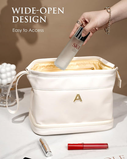 Cute Female Gift, Personalized Makeup Bag, Monogrammed Gifts, Initial Double Layer Cosmetic Bag with Makeup Brush Organizer, Travel Toiletry Bag, Gifts for Friends Female Mom, Teen Girl Gifts