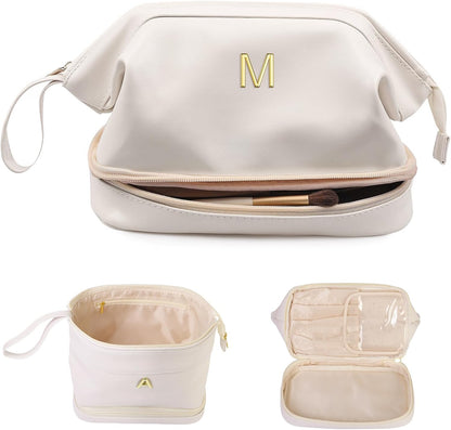 Cute Female Gift, Personalized Makeup Bag, Monogrammed Gifts, Initial Double Layer Cosmetic Bag with Makeup Brush Organizer, Travel Toiletry Bag, Gifts for Friends Female Mom, Teen Girl Gifts