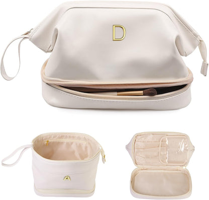 Cute Female Gift, Personalized Makeup Bag, Monogrammed Gifts, Initial Double Layer Cosmetic Bag with Makeup Brush Organizer, Travel Toiletry Bag, Gifts for Friends Female Mom, Teen Girl Gifts