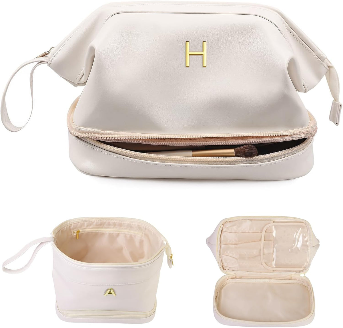 Cute Female Gift, Personalized Makeup Bag, Monogrammed Gifts, Initial Double Layer Cosmetic Bag with Makeup Brush Organizer, Travel Toiletry Bag, Gifts for Friends Female Mom, Teen Girl Gifts
