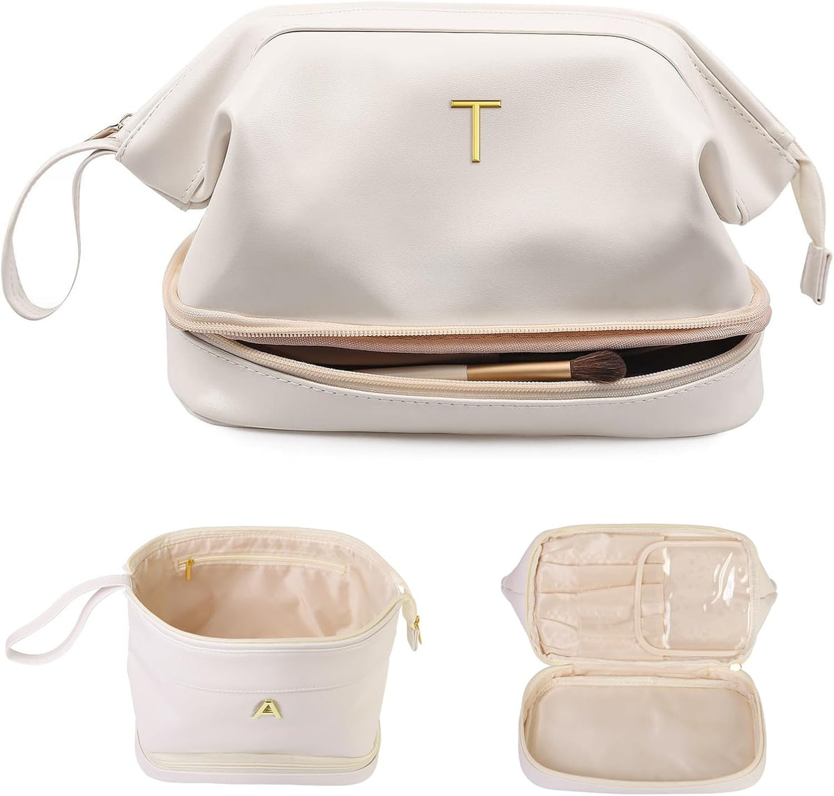 Cute Female Gift, Personalized Makeup Bag, Monogrammed Gifts, Initial Double Layer Cosmetic Bag with Makeup Brush Organizer, Travel Toiletry Bag, Gifts for Friends Female Mom, Teen Girl Gifts