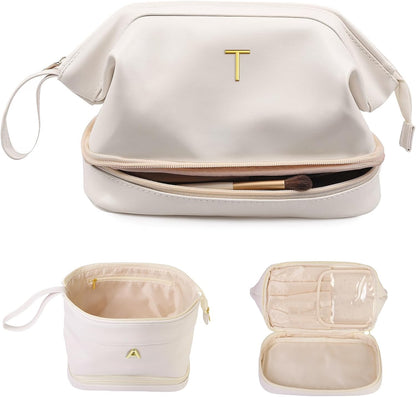 Cute Female Gift, Personalized Makeup Bag, Monogrammed Gifts, Initial Double Layer Cosmetic Bag with Makeup Brush Organizer, Travel Toiletry Bag, Gifts for Friends Female Mom, Teen Girl Gifts