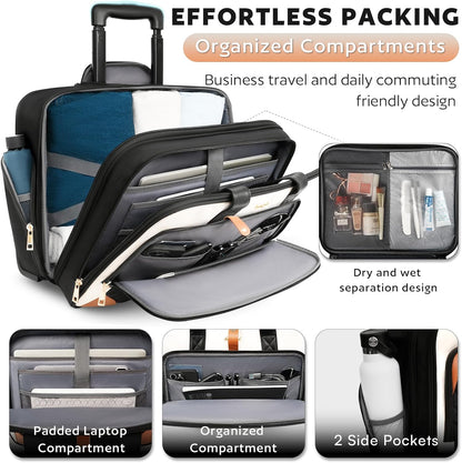 Rolling Laptop Bag, Rolling Briefcase for Women with Waterproof Pocket, 16 Inch Computer Bag, Underseat Carry On Luggage with Wheels for Work Travel Business, Lightweight Black Purple